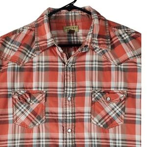 Sonoma Mens XL Pearl Snap Western Shirt Short Sleeve Orange Plaid Cotton Blend